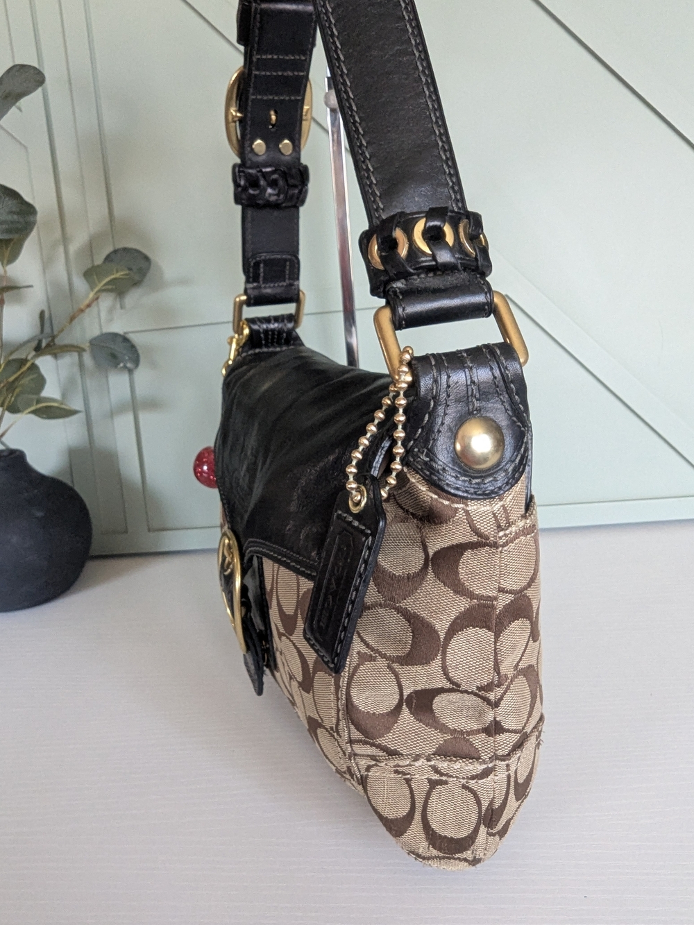 Coach Brown Signature Canvas and Black Leather Shoulder Bag - Picture 4 of 14